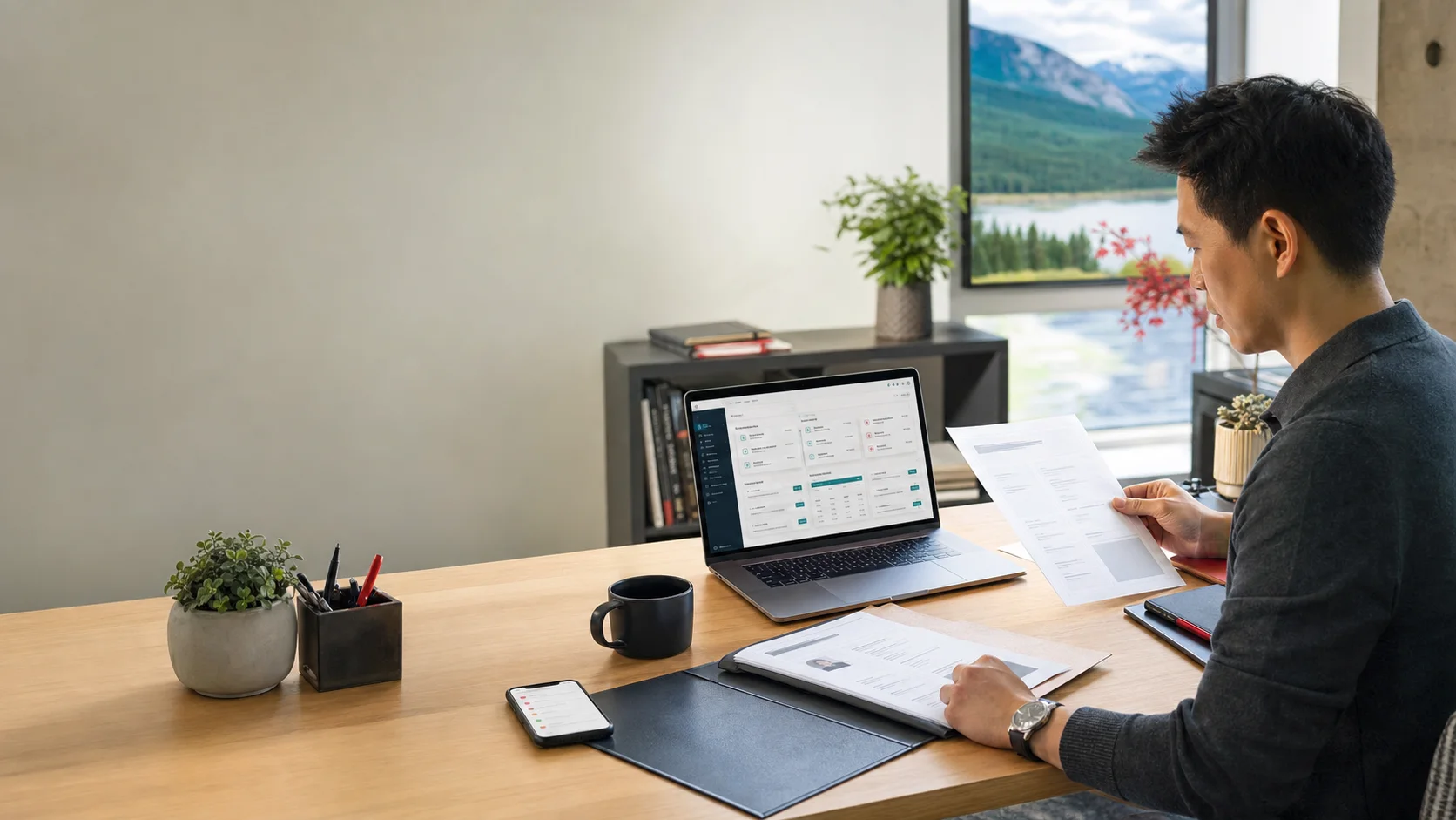 A professional reviewing an opportunity dashboard, tender brief, and resume